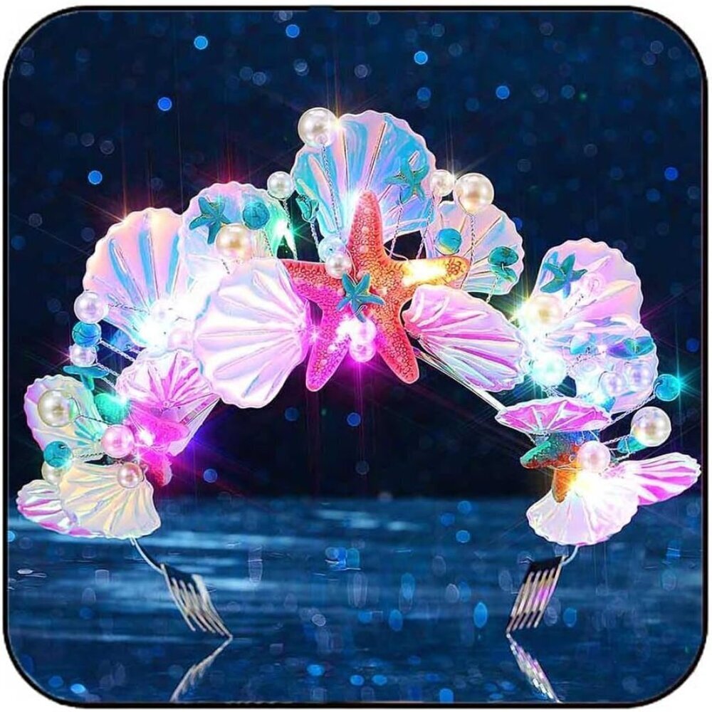 Light Up Tiara Silver Mermaid Crown with LED Lights for Women